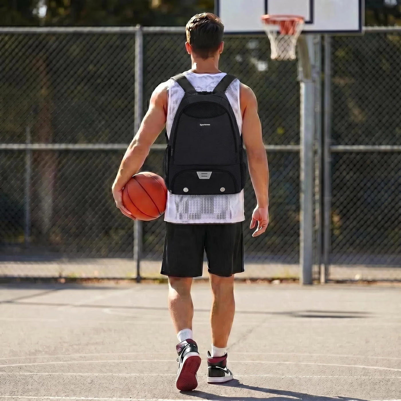 Drawstring Men Sports Backpack with Shoe Compartment Wet Pocket Hook Basketball Soccer Gym Sports Equipment Bags with Name Tag for Women, Black