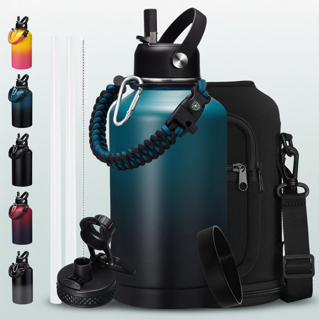 64Oz Insulated Water Bottle with Straw - Spout Lid, Carrying Sleeve, Paracord Handle, Double Wall Half Gallon Stainless Steel Water Bottles Keep Cold-48H & Hot-24H, 1/2 Gallon Water Jug, Metal Flask