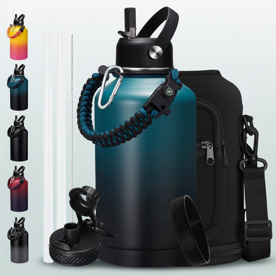 64Oz Insulated Water Bottle with Straw - Spout Lid, Carrying Sleeve, Paracord Handle, Double Wall Half Gallon Stainless Steel Water Bottles Keep Cold-48H & Hot-24H, 1/2 Gallon Water Jug, Metal Flask