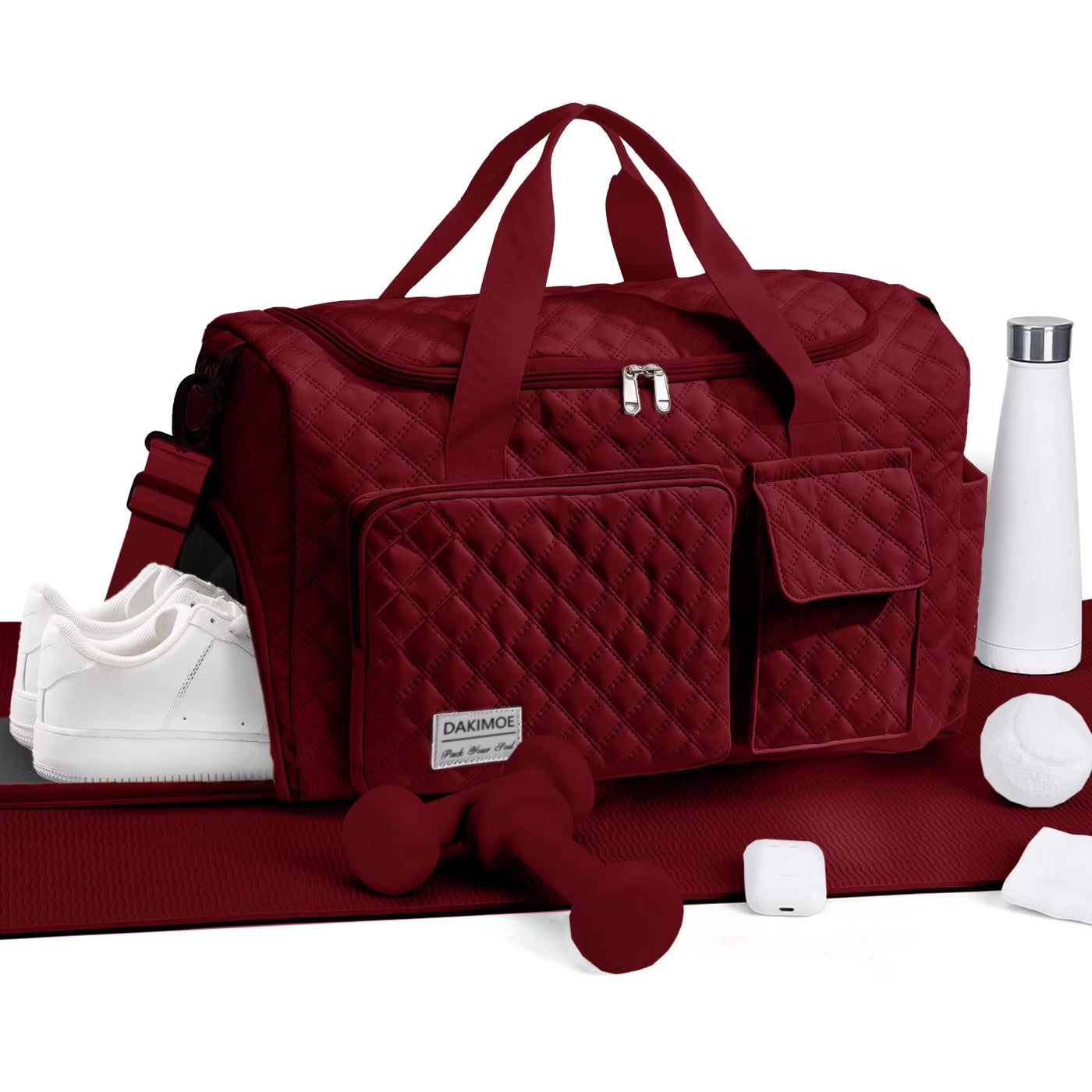 Travel Duffle Bag for Women Men, Weekender Overnight Bags Carry on Gym Bag with Wet Pocket/Adjustable Strap/Shoe Compartment, Foldable Waterproof Duffel Tote for Plane Sports Dance, Wine Red