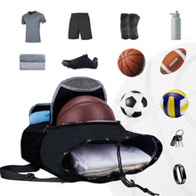 Drawstring Men Sports Backpack with Shoe Compartment Wet Pocket Hook Basketball Soccer Gym Sports Equipment Bags with Name Tag for Women, Black