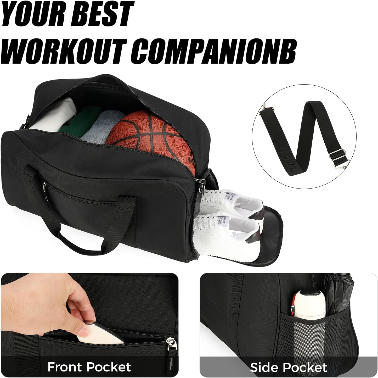 45L Gym Bag for Men & Women with Shoe Compartment, 21” Large Duffle Bag for Travel, Sports, Fitness & Workout, Black