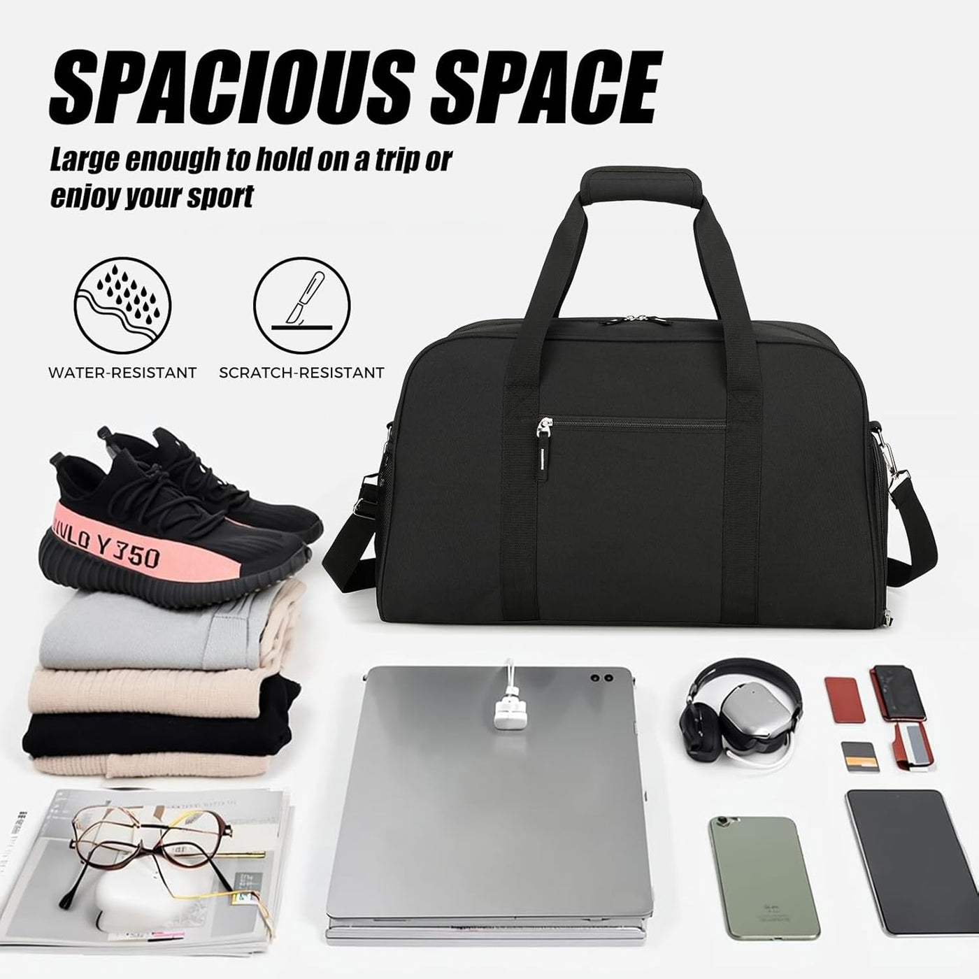 45L Gym Bag for Men & Women with Shoe Compartment, 21” Large Duffle Bag for Travel, Sports, Fitness & Workout, Black