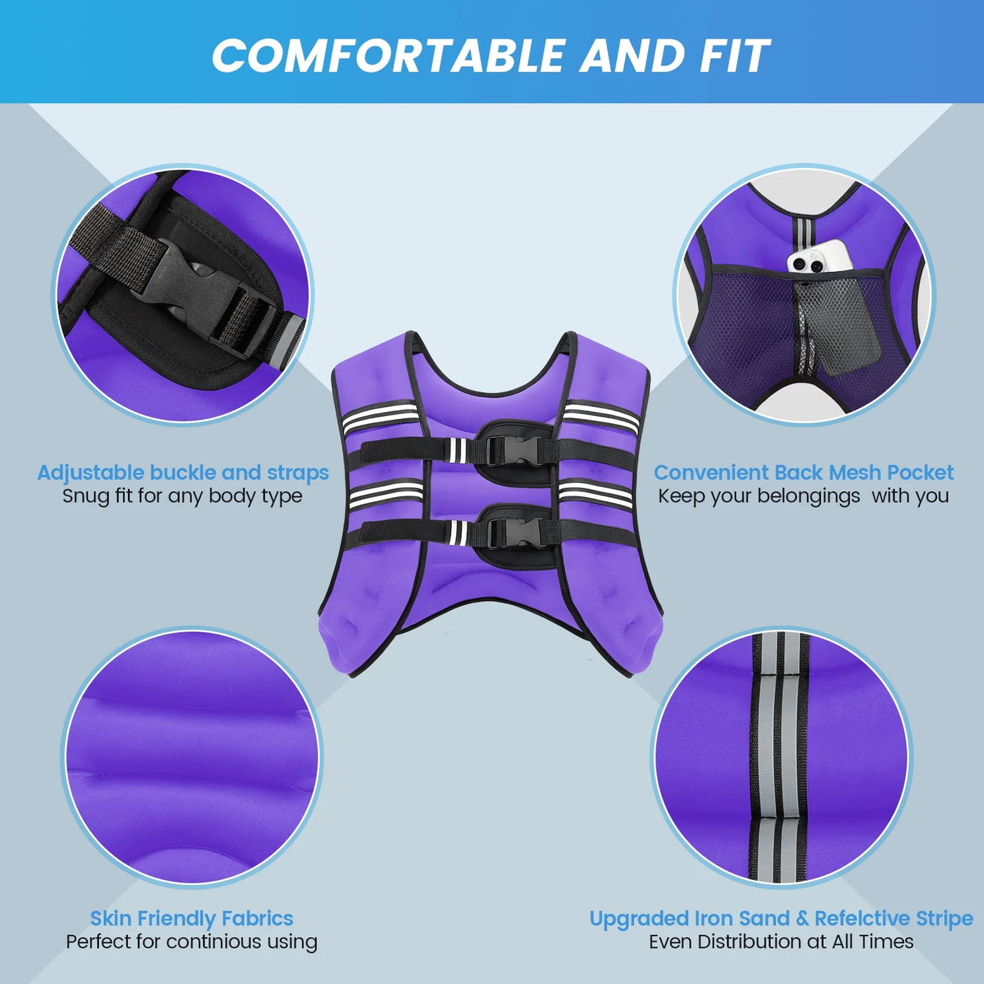 Weighted Vest Purple 12 Lb Weight Vest for Woman Men Sport Weighted Vest with Reflective Stripe Adjustable Buckle Straps Mesh Pocket for Strength Training Running