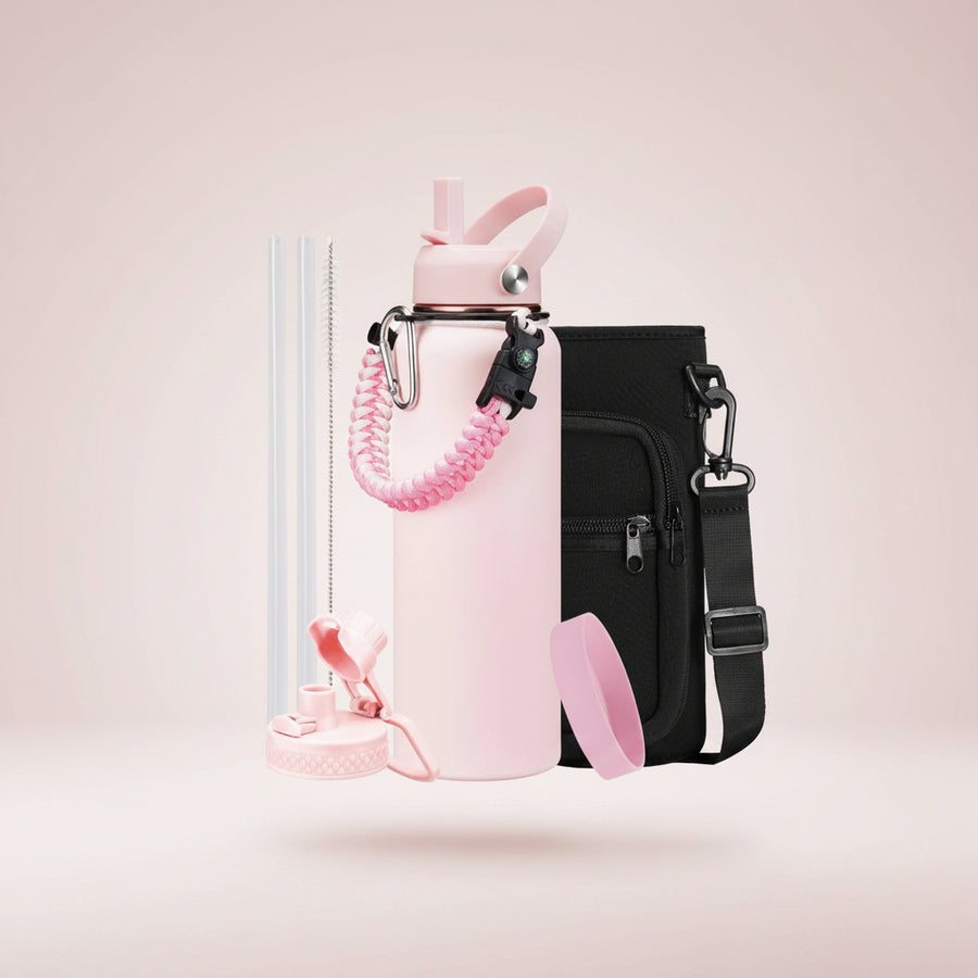 Pink 40 Oz Insulated Water Bottle with Straw Spout Lids, Stainless Steel Water Bottles Cold 48H, Wide Mouth Hydro Water Jug Metal Flask with Handle, Strap Carrier Bag for Women