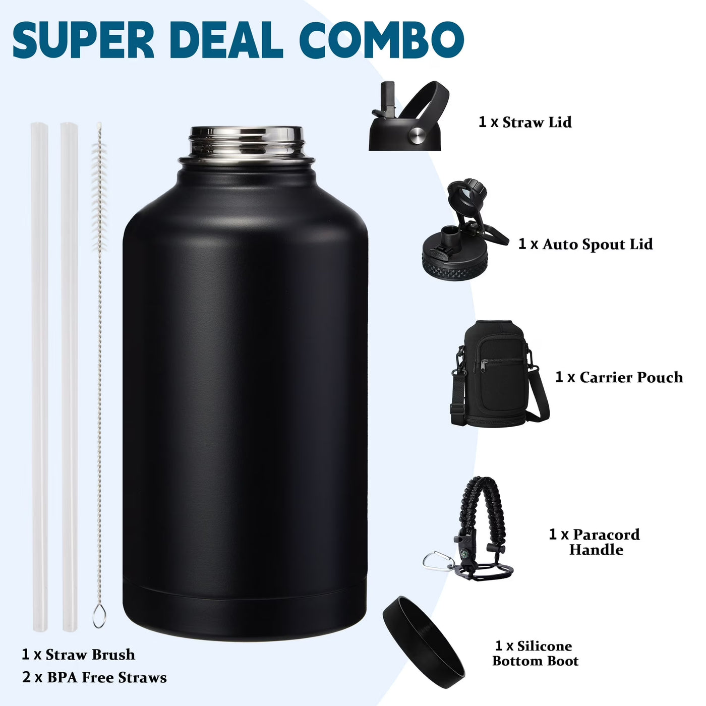 64Oz Insulated Water Bottle with Straw - Spout Lid, Carrying Sleeve, Paracord Handle, Double Wall Half Gallon Stainless Steel Water Bottles Keep Cold-48H & Hot-24H, 1/2 Gallon Water Jug, Metal Flask