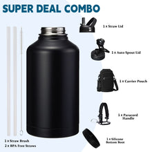 64Oz Insulated Water Bottle with Straw - Spout Lid, Carrying Sleeve, Paracord Handle, Double Wall Half Gallon Stainless Steel Water Bottles Keep Cold-48H & Hot-24H, 1/2 Gallon Water Jug, Metal Flask