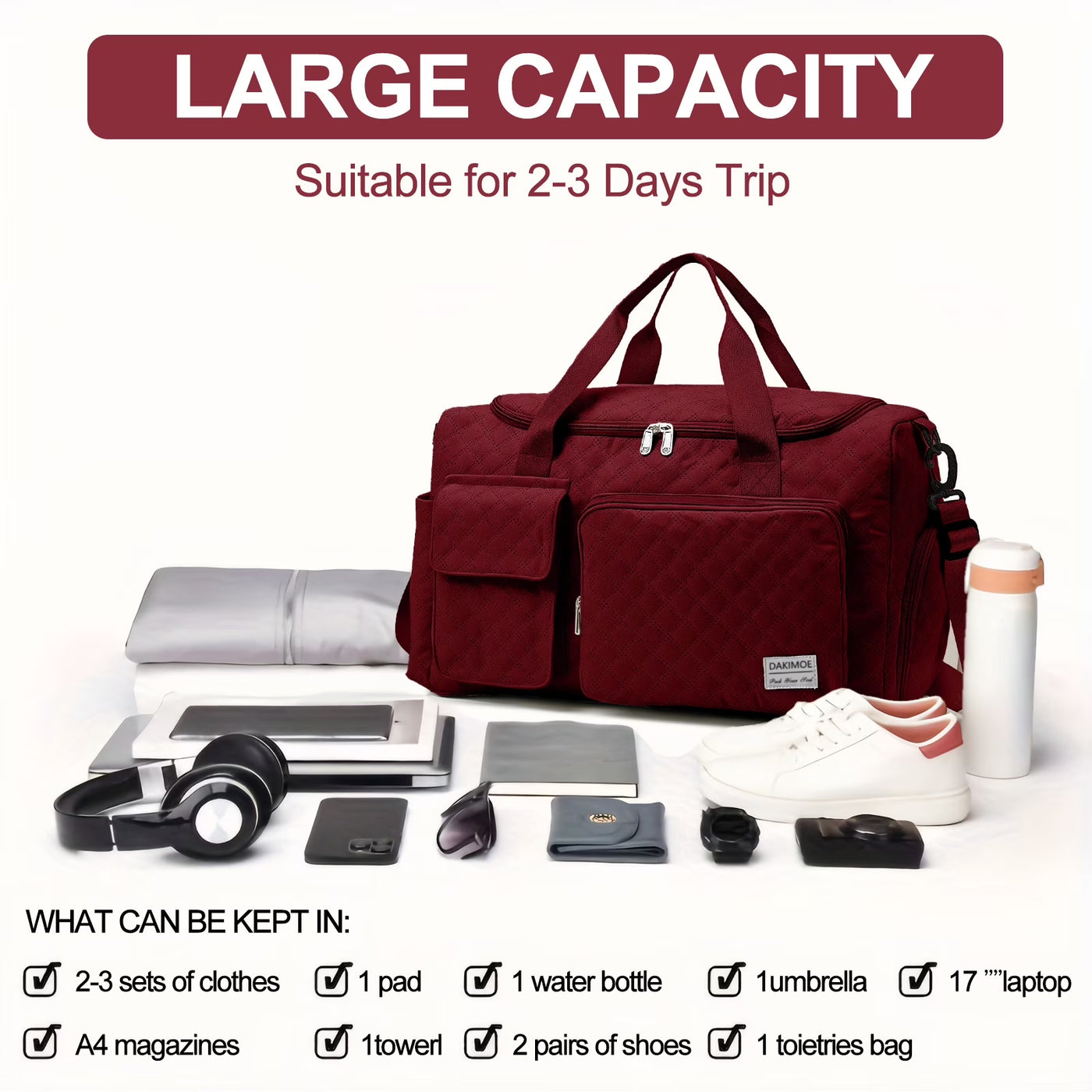 Travel Duffle Bag for Women Men, Weekender Overnight Bags Carry on Gym Bag with Wet Pocket/Adjustable Strap/Shoe Compartment, Foldable Waterproof Duffel Tote for Plane Sports Dance, Wine Red