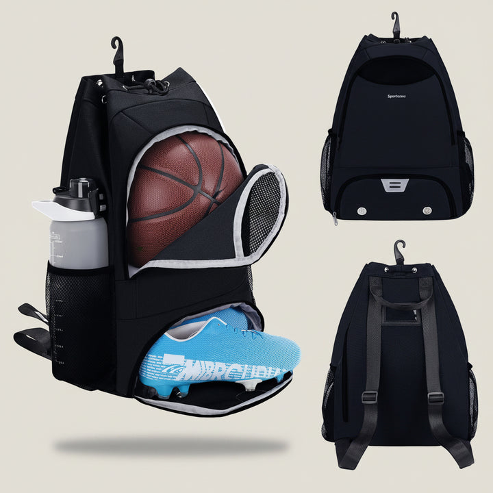 Drawstring Men Sports Backpack with Shoe Compartment Wet Pocket Hook Basketball Soccer Gym Sports Equipment Bags with Name Tag for Women, Black