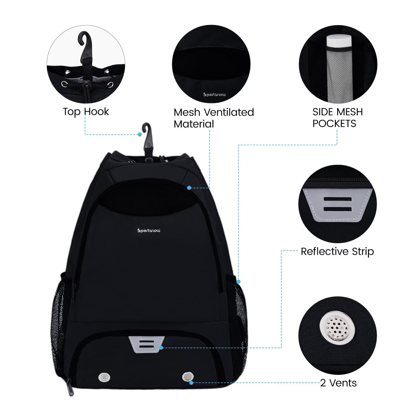 Drawstring Men Sports Backpack with Shoe Compartment Wet Pocket Hook Basketball Soccer Gym Sports Equipment Bags with Name Tag for Women, Black