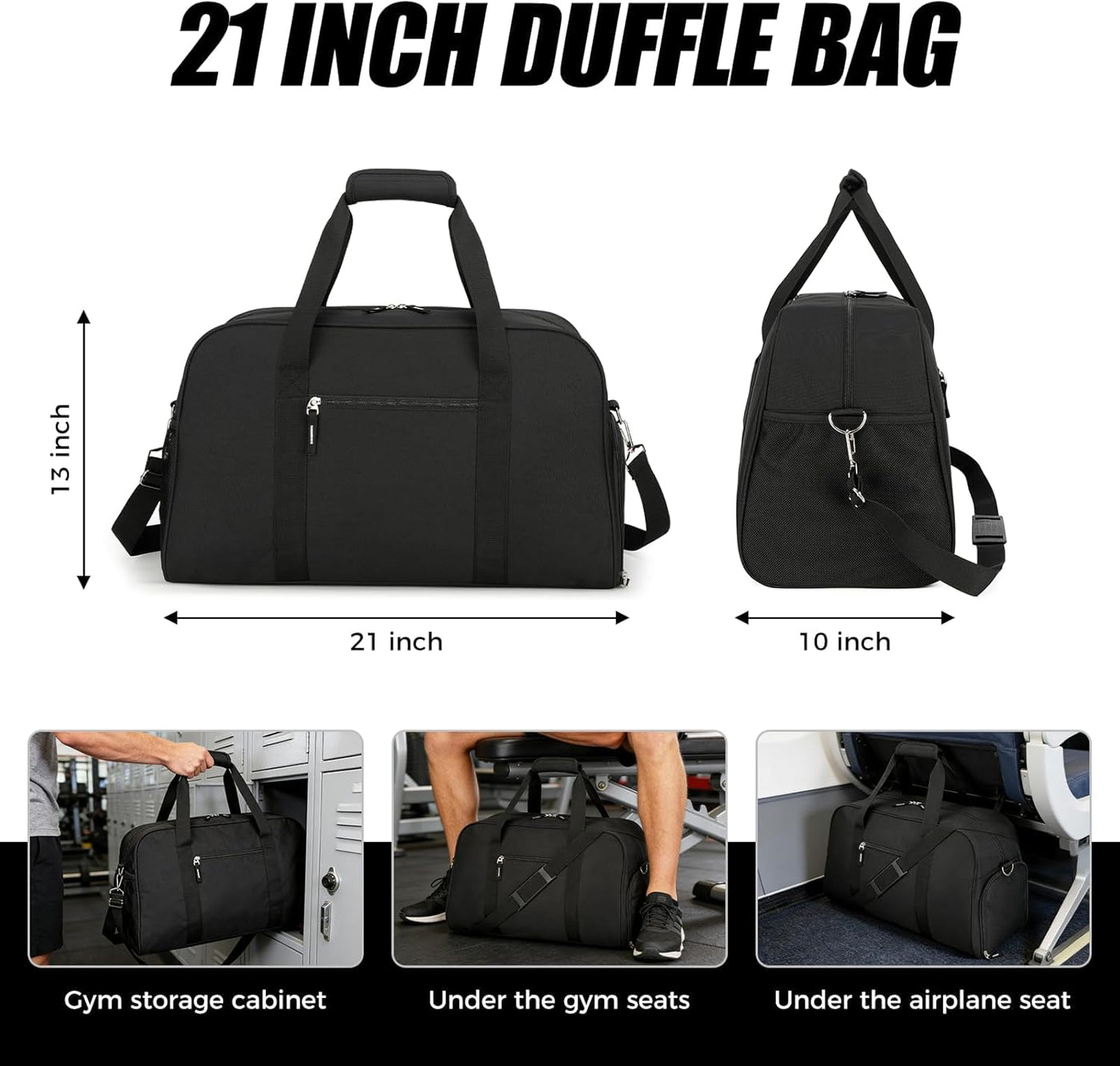 45L Gym Bag for Men & Women with Shoe Compartment, 21” Large Duffle Bag for Travel, Sports, Fitness & Workout, Black