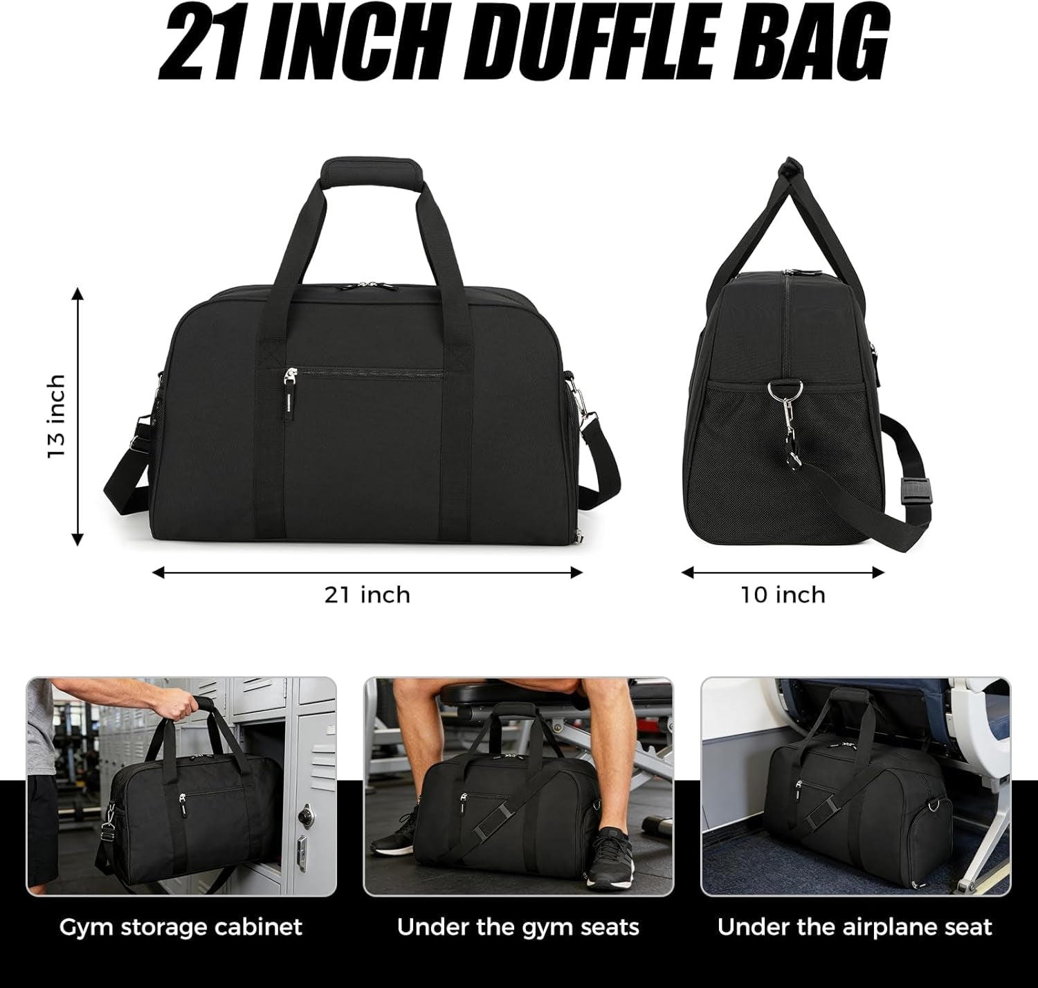 45L Gym Bag for Men & Women with Shoe Compartment, 21” Large Duffle Bag for Travel, Sports, Fitness & Workout, Black